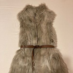 Zara Gray Faux Fur Vest with Brown Belt